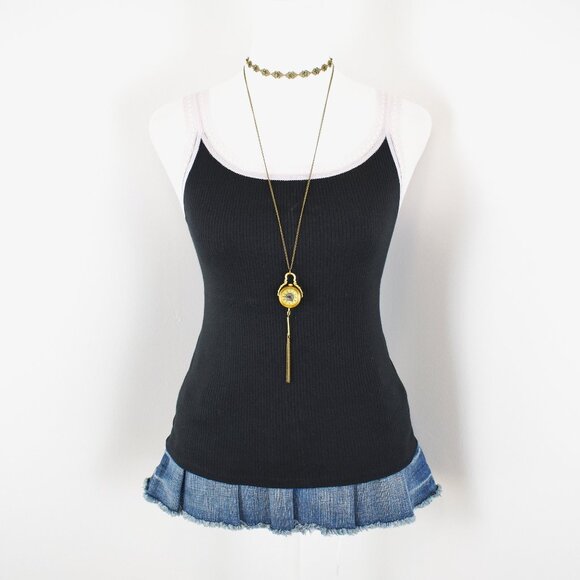 Victoria's Secret Early 2010s Y2K Black Ribbed Pink Lace Trim Tank Top Size S - Picture 1 of 6